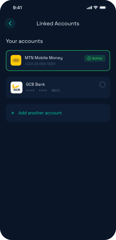 Linked mobile money and bank accounts screen