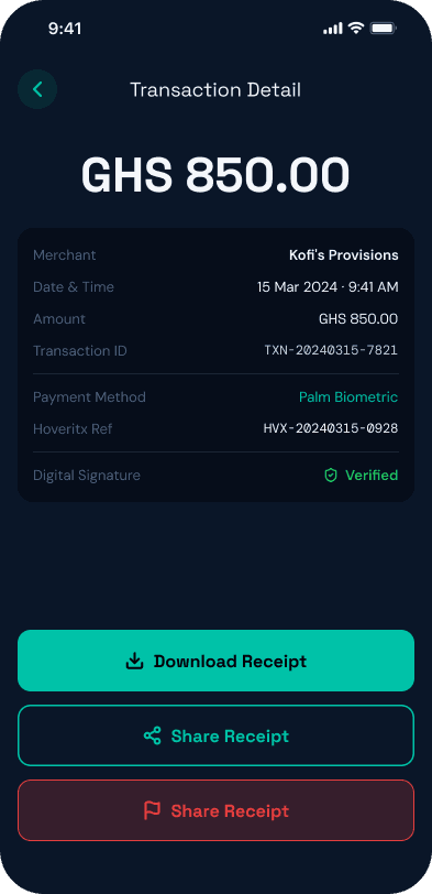 Transaction detail screen with verified digital signature